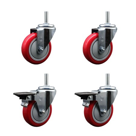 Service Caster 4 Inch Red Polyurethane Wheel Swivel 34 Inch Threaded Stem Caster Set 2 Brakes SCC SCC-TS20S414-PPUB-RED-34212-2-PLB-2